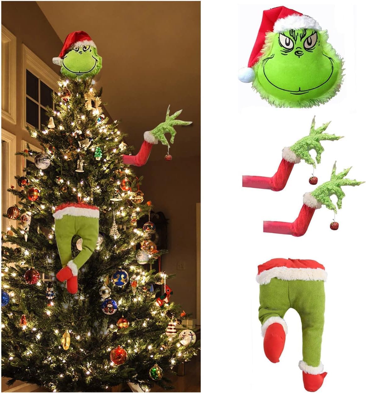 Tree Toppers - 4Pcs Christmas Garland Decorations Gifts,Elf Christmas Decorations,How The Grinch Stole,Grinchs Christmas Tree Topper Head and Two Arms
