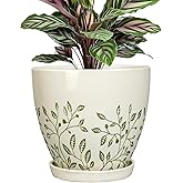 MPotTo 6.8 Inch Plant Pot - Ceramic Pot for Indoor Outdoor Plants, Boho Decorative Round Ceramic Planter with Drainage Hole and Saucer, Housewarming Gifts, Office Garden Home Decor, White