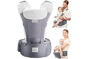Bebamour Baby Carrier Newborn to Toddler-2 in 1 Hip Seat & Carrier Front and Back Carry with Head Hood & 3 Pieces Teething Pads& Waist Extenders & Storage Bag 0-36 Months (New Grey)