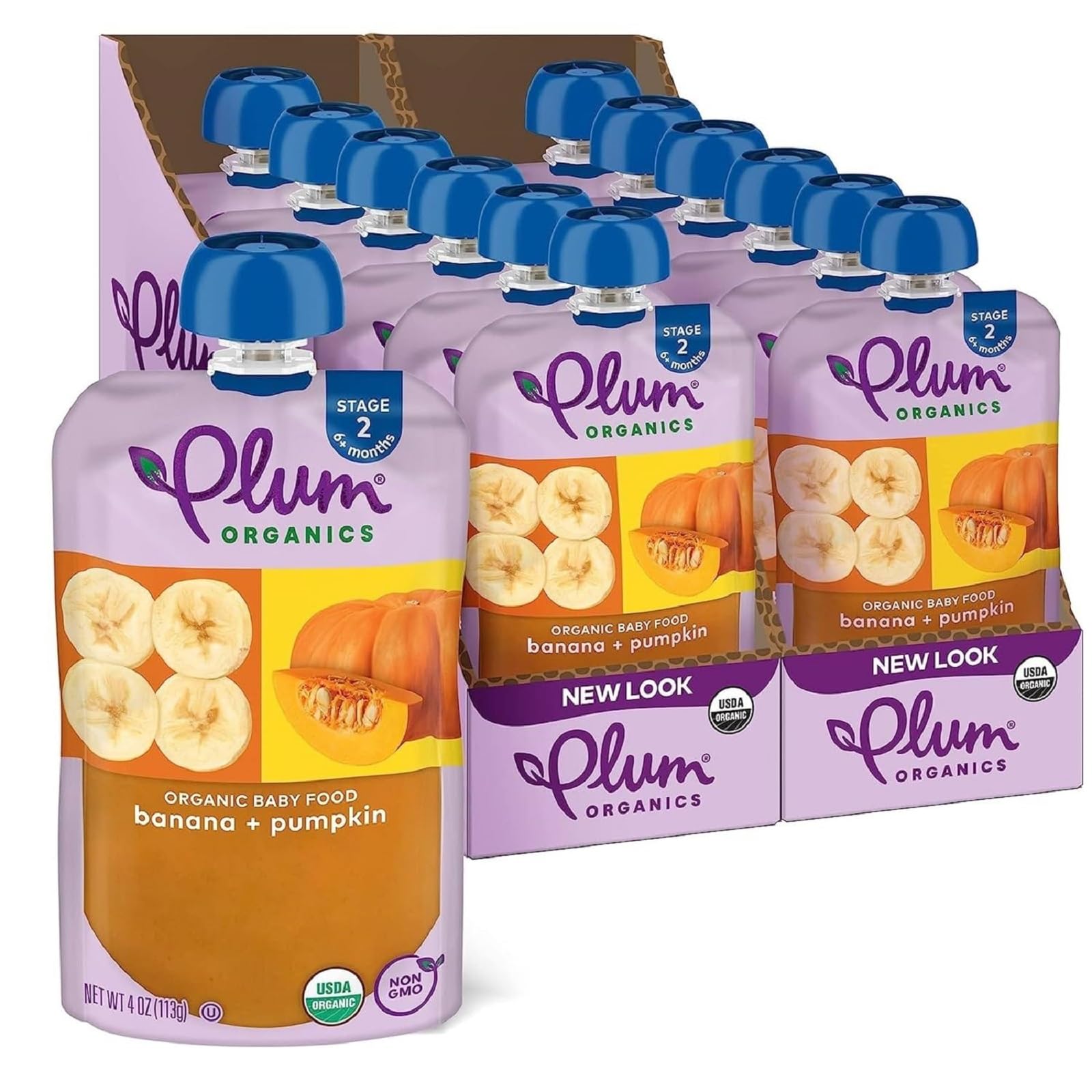 Plum Organics Stage 2 Organic Baby Food - Banana and Pumpkin - 4 oz Pouch (Pack of 12) - Organic Fruit and Vegetable Baby Food Pouch