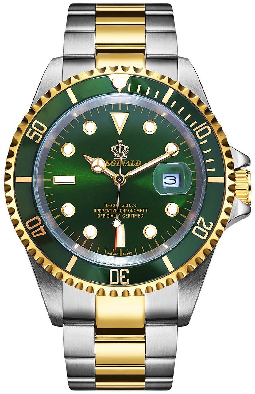 REGINALD Men's Watch Luminous Quartz Rotatable Bezel Sapphire Glass Silver Stainless Steel Band and Case Waterproof Sports Black Watch, Gold&Green, sports