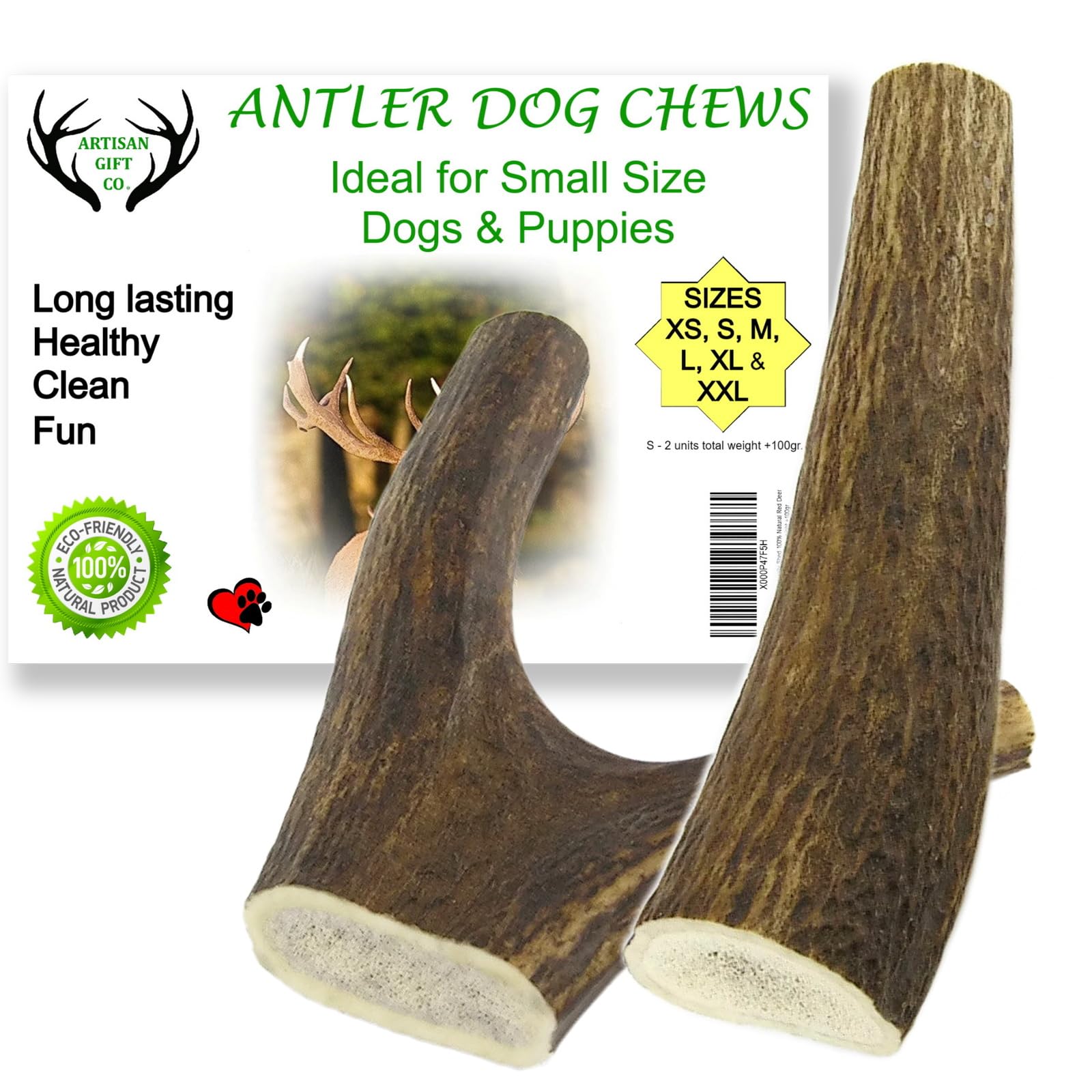 ARTISAN GIFT CO Naturally Shed 100% Natural Premium Deer Antler Chew for Dogs - minimum pack weight 100g (S - 2 Units)