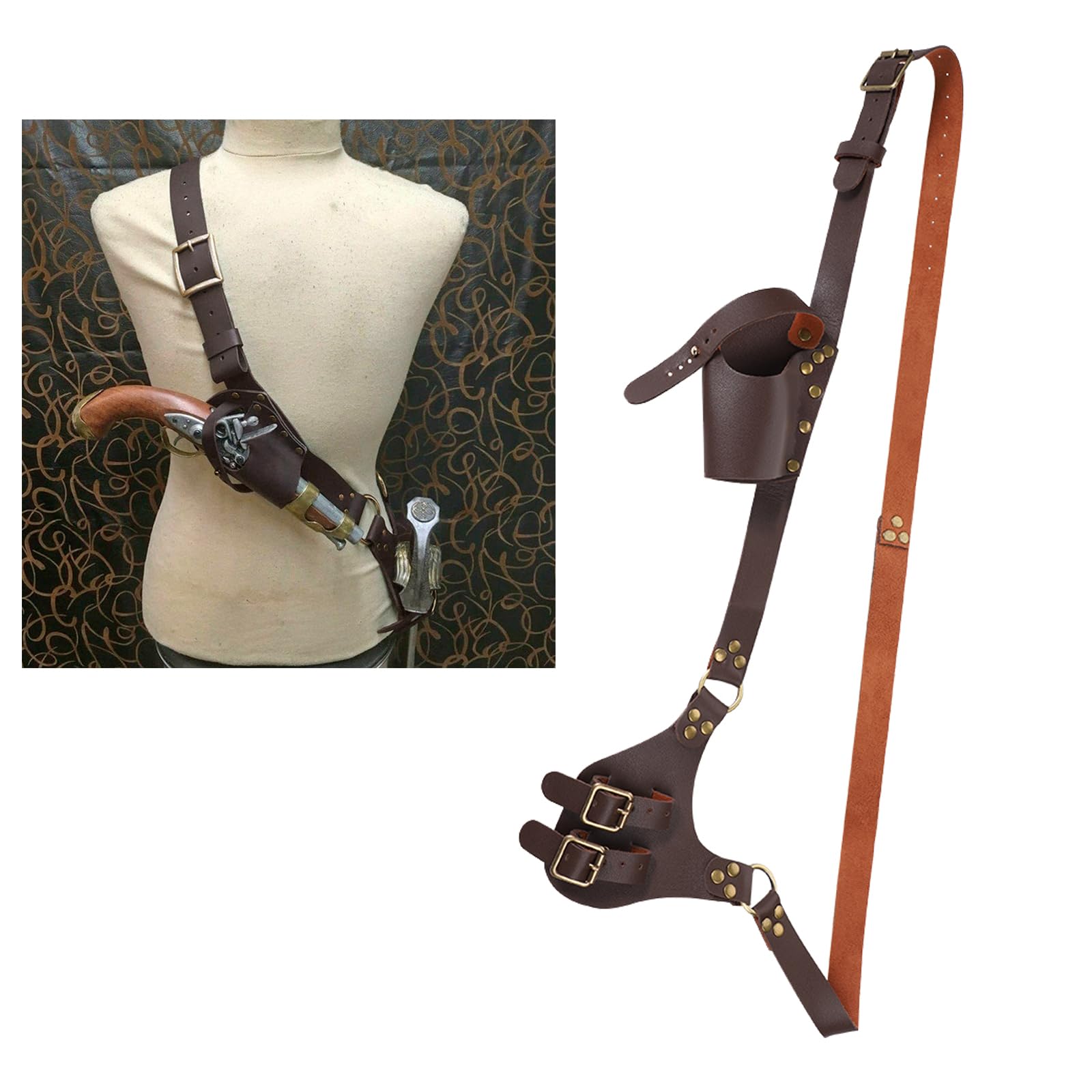 Medieval Leather Belt with Sword Holster Dagger Frog Holder Set Halloween Knight Warrior Pirate Costume Sword Dagger Frog Case Adjustable Shoulder Belt Punk LARP Fancy Dress Sword Blade Sheath Holder