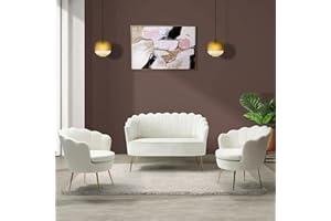 HULALA HOME 3 Piece Velvet Living Room Furniture Set, Including Loveseat & 2 Sofa Chairs, Modern Comfy Upholstered 2-Seater Sofa & Accent Chair Set for Bedroom, Flower Shaped Back & Gold Legs, Ivory