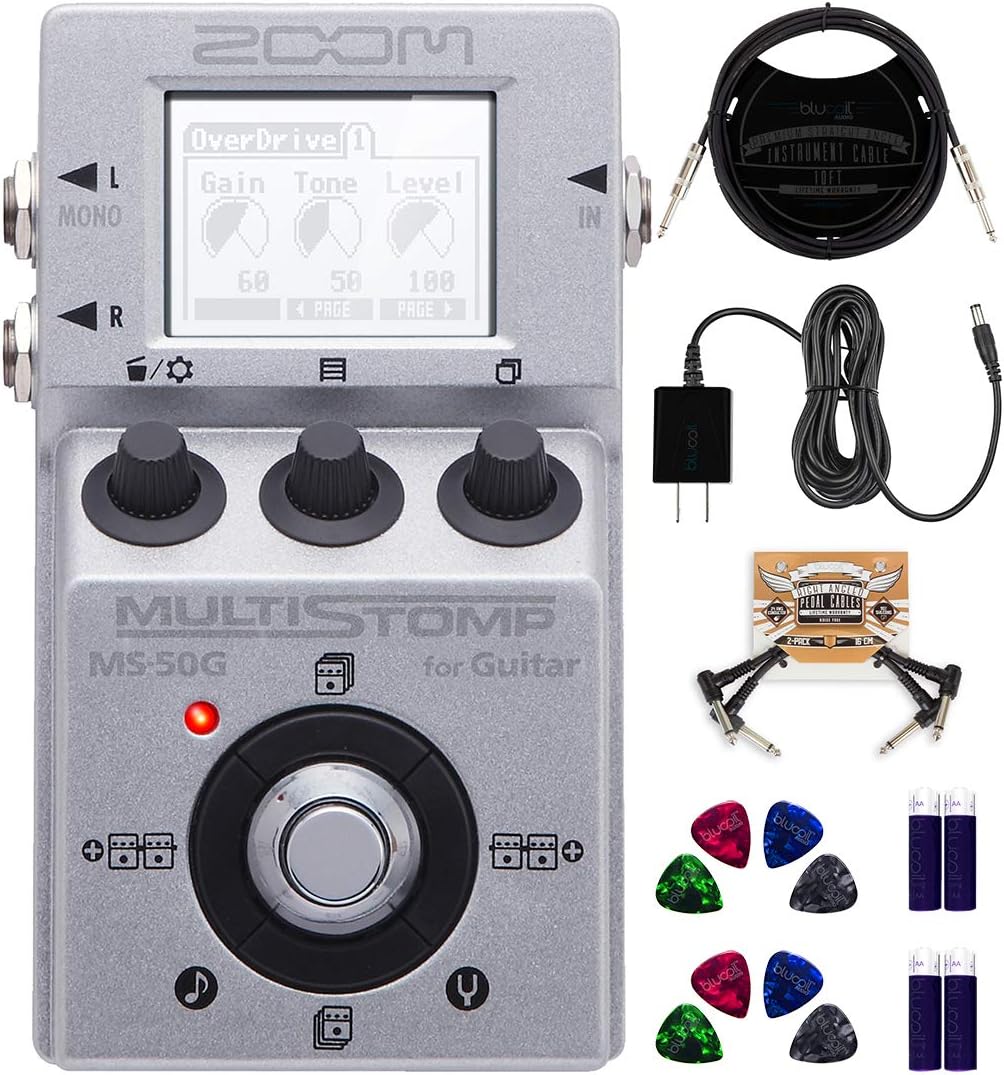 Amazon Com Zoom Ms 50g Multistomp Multi Effects Pedal Bundle With Blucoil Slim 9v Power Supply Ac Adapter 10 Ft Straight Instrument Cable 1 4in 2x Patch Cables 8x Guitar Picks And 4 Batteries Musical Instruments