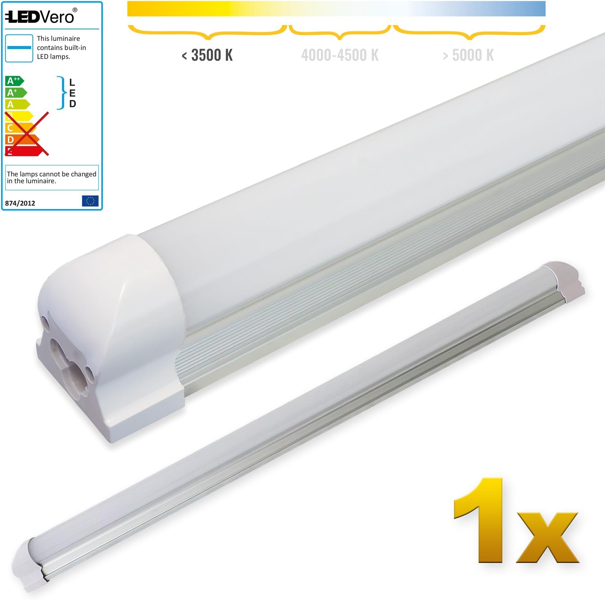 LEDVero 1x SMD LED Tube with Fixture Fluorescent Tube in Warm White T8 G13 Frosted Cover - (35.43') 90 cm, 14W, 1400 lm - Ready for Assembly [Energy Class A]