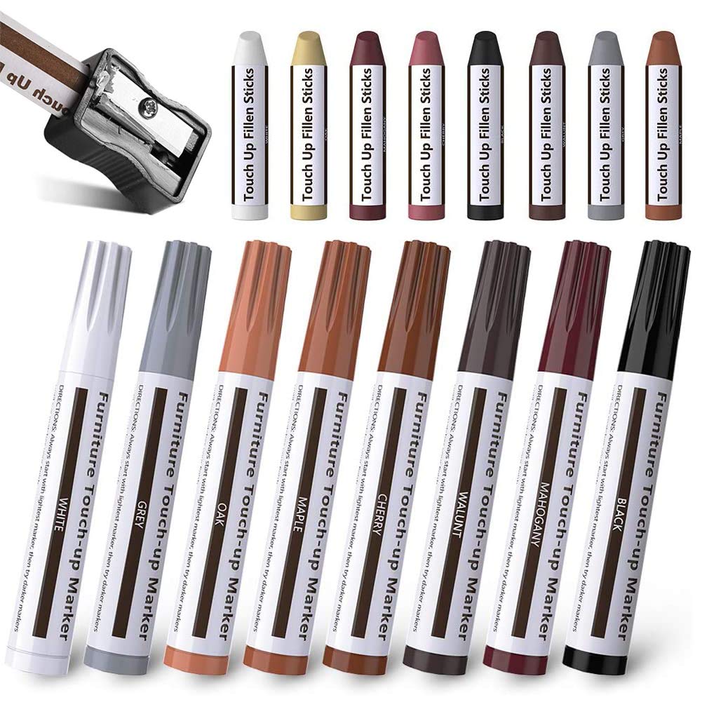 Furniture Repair Kit Wood Markers Wax Sticks, for Stains, Scratches, Wood Floors, Tables, Desks, Carpenters, Bedposts, Touch Ups, and Cover Ups Set of 17