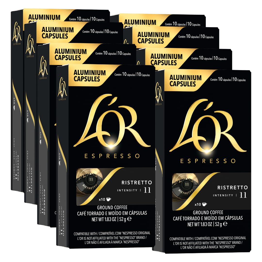 L'OR Espresso Capsules, 80 Count Ristretto, Single-Serve Aluminum Coffee Capsules Compatible with the L'OR BARISTA System & *Nespresso Original Machines, 80 Count (Pack of 8) Image