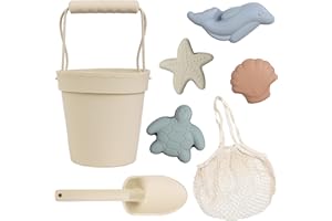 BLUE GINKGO Silicone Beach Toys - Modern Baby Travel Friendly Beach Set | Bucket, Shovel, 4 Sand Molds, Bag | Sand Toys for Toddlers, Kids - 7pc (Beige)
