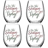 Set of 4 Tis the Season to Get Tipsy Christmas Stemless Wine Glass for Funny Christmas Holiday Gifts 15 Ounce