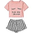 WDIRARA Women's Sleepwear Closed Eyes Print Tee and Striped Shorts Cute Pajama Set