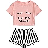 WDIRARA Women's 2 Piece Pajama Set Tee and Striped Shorts Cute Pjs Set Sleepwear Loungewear Outfits