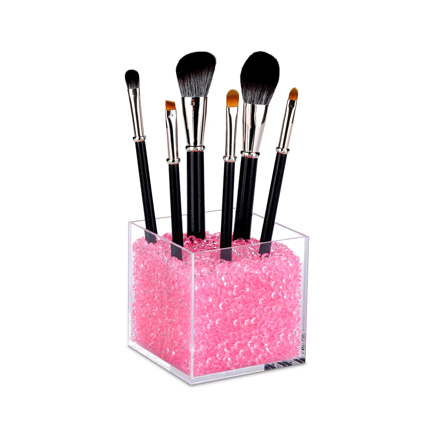 Angzhia Acrylic Makeup Brush Holder with Acrylic Diamonds: Countertop Cosmetic Organizer Cube. Includes Over 10,000 6mm Sparkling Rhinestone Crystal Gems to Organize Burshes (10x10x10, Pink)