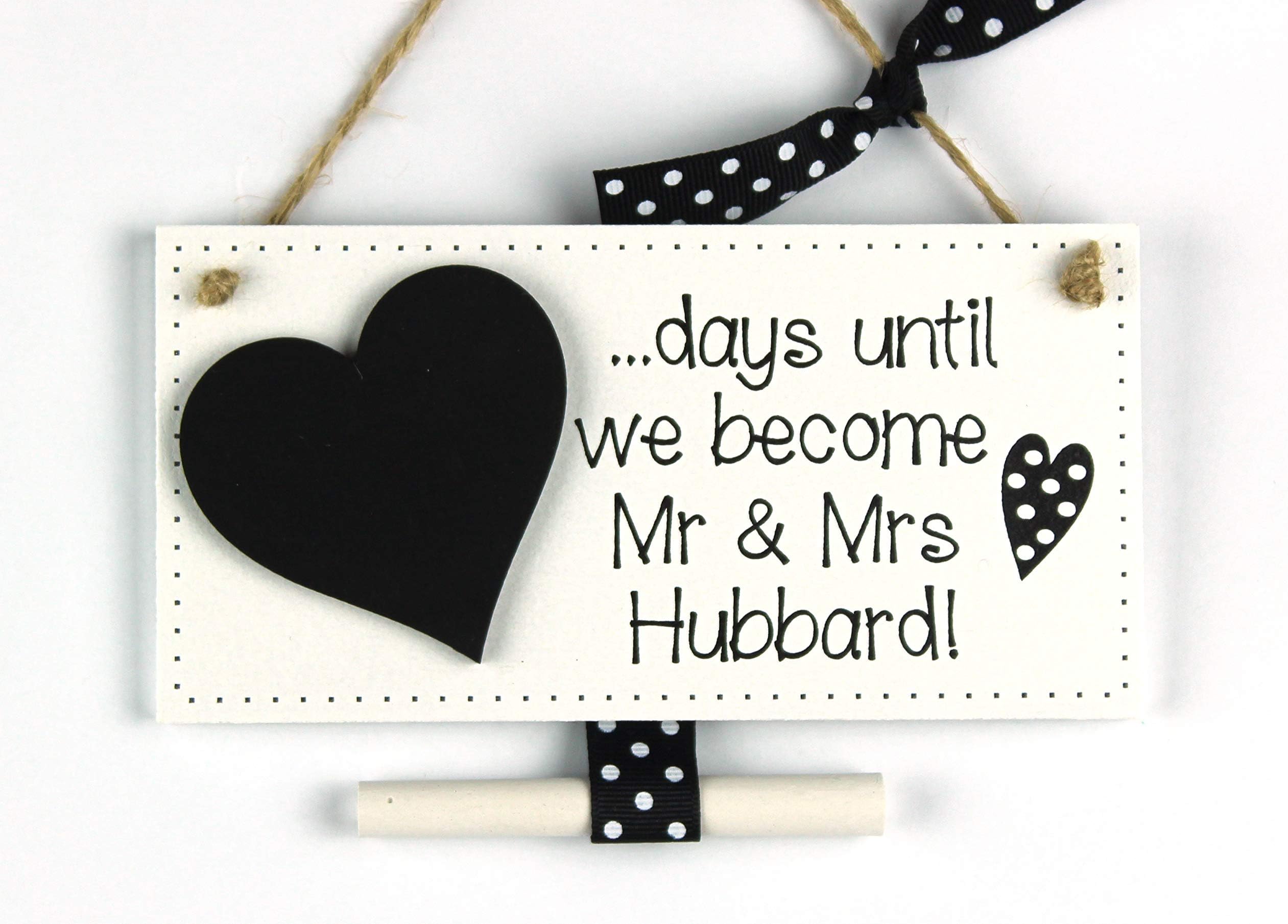 LilylottiesLilylotties Personalised Wedding Countdown Plaque with Chalkboard Heart - Engagement Gift '.days until we become Mr & Mrs.' black polka dot ribbon & heart