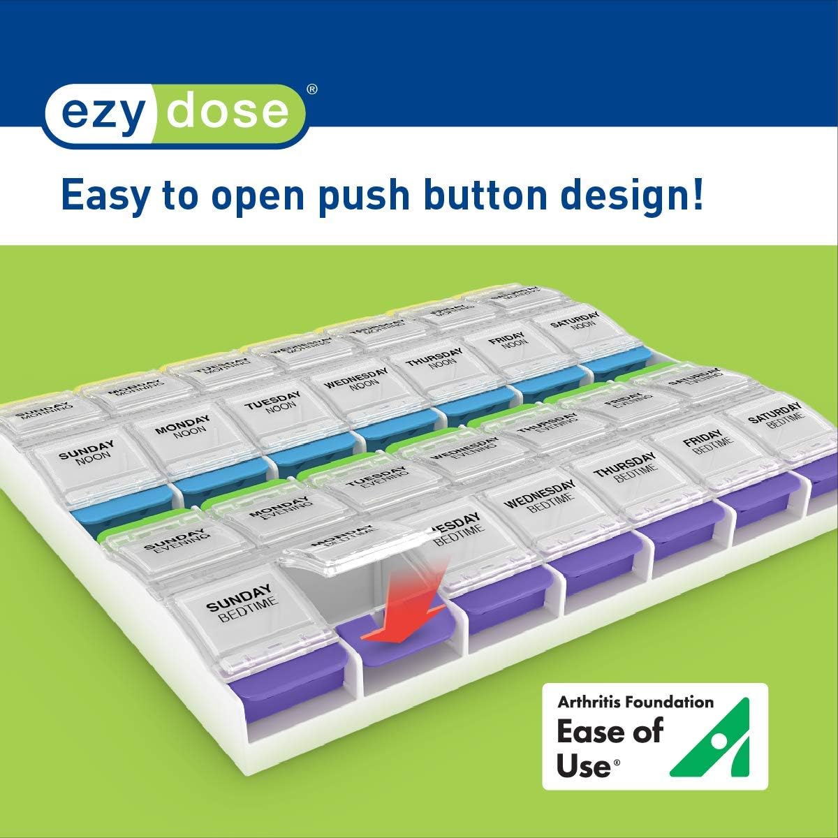 Ezy Dose Push Button (7-Day) Pill, Medicine, Vitamin Organizer Box | Weekly, 4 Times a Day, AM PM | 2XL Compartments | Arthritis Friendly | Clear Lids: Health & Personal Care