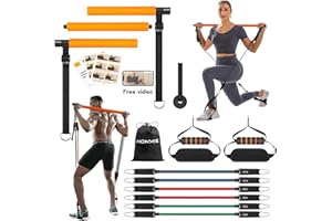 Hommie Portable Pilates Bar Kit with Resistance Bands for Men and Women，Upgraded 3 Section Pilates Bar with Resistance Bands (20-60lb) for Home Gym Equipment Supports Full-Body Workouts