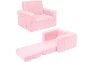 SLIGUY Toddler Couch Convertible Sofa to Lounger Pull Out Couch Sherpa Cover Dark Pink