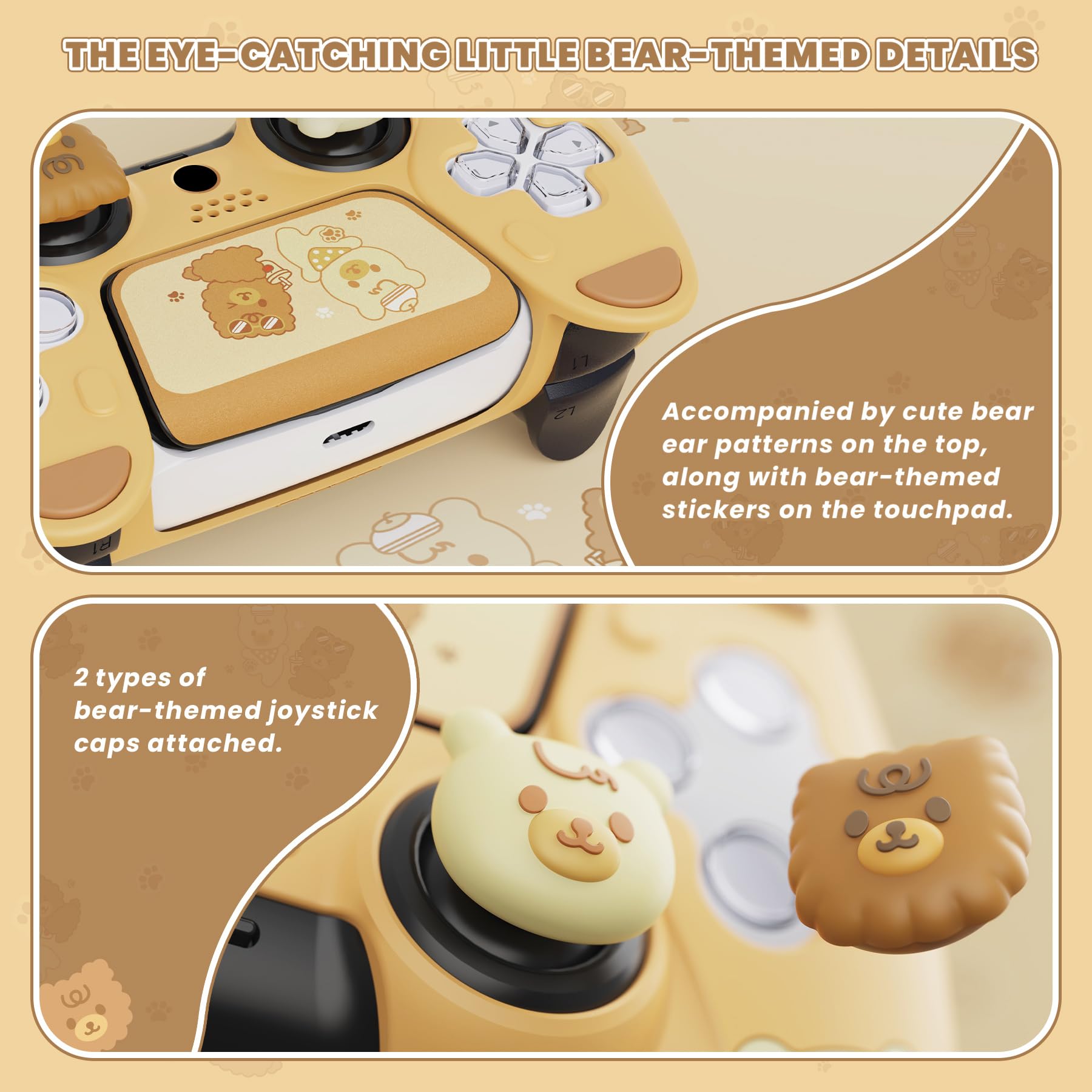 PlayVital Cute Bear Controller Silicone Case for ps5, Kawaii Controller Cover Compatible with Charging Station, Gamepad Skin Protector for ps5 with Touch Pad Sticker & Thumb Grips - Yellow & Brown