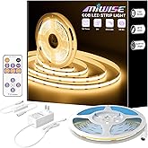 MIWISE COB LED Strip,LED Strip Light 2700K Warm White 20ft Dimmable Super Bright 24V,High Density Flexible Tape Light with RF Remote Timer Function,for Shelf/Cabinet/Bedroom/TV DIY Lighting Project