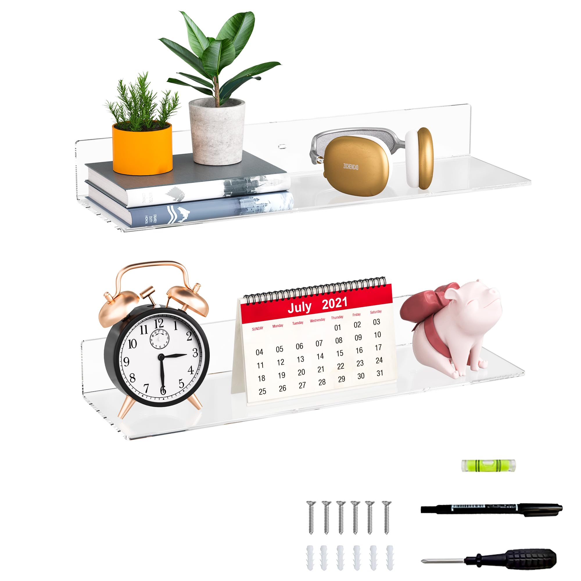 Sezanrpt 20 Inch Clear Wall Shelves for Wall, Wall Mounted Acrylic Floating Shelf for Plants, Speaker, Radio, Funko Pop, Stuffed Animal, Books, Cosmetics, Toiletries, 2 Pack (20 Inch)