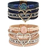COAUXOG 2Pcs Boho Bracelets Woven Leather Multi-Layer Wrap Bracelet Heart Shape Inlaid Rhinestone Stackable Fashion Women Bracelet Jewelry