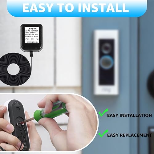 Extra Long 16.4ft Doorbell Transformer – 24V 500mA, Plug-In, Compatible With Ring, Nest, Wyze, Eufy Video Doorbells (Black)