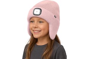 ATNKE Kids LED Lighted Lined Fleece Beanie Cap with Earflap, USB Rechargeable 4 LED Run Headlamp Hat for Boys and Girls
