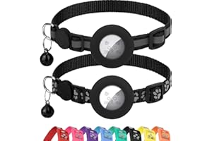Erbine 2 Pack Airtag Cat Collars, Reflective Cat Collar with Silicone Airtag Holder and Bell, Breakaway Cat Collars with Round Safety Buckle for Boy and Girl Cats, Adjustable for 7.5-12.5", Black