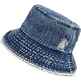 Distressed Denim Bucket Hat Ripped Frayed Edge Sun Hat for Women Men