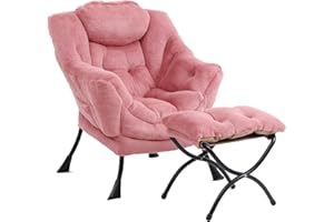 Furlide Lazy Chair with Ottoman, Modern Chair with Folding Footrest, Lounge Accent Chair, Comfortable Reading Chair (Plush Dark Pink)