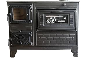 STEPNEXT Cast Iron Stove with Oven | Cast Iron Fireplace | Baking Stove Cooker Stove Warming Stove | Tiny House Stove Cabin Stove | Brick Lined Fireplace (Black with Window)