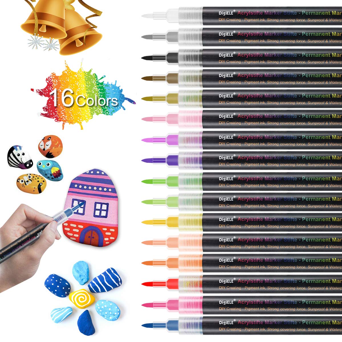 DIGIELE Acrylic Permanent Paint Pens, 16 Colours Waterproof Painting Markers, 0.7-1mm Fine Tip DIY Pen Kit for Pebble, Rock, Stone, Ceramic, Porcelain, Mug, Wood, Glass, Fabric & Canvas Art Drawing