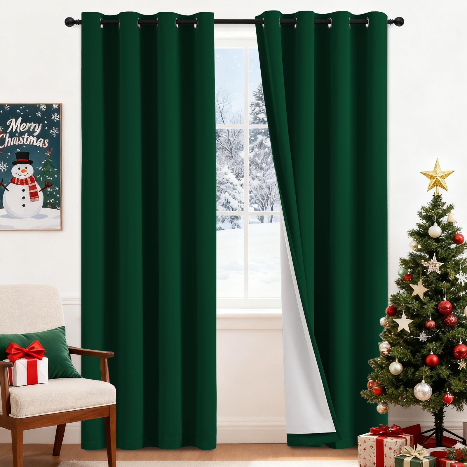 Yakamok 100% Blackout Curtains Dark Green Room Darkening Thermal Insulated with 2 Thick Layers-Hunter Green Window Drapes Set of 2 Panels for Bedroom Living Room 52 Inches by 84 Inches Length Image