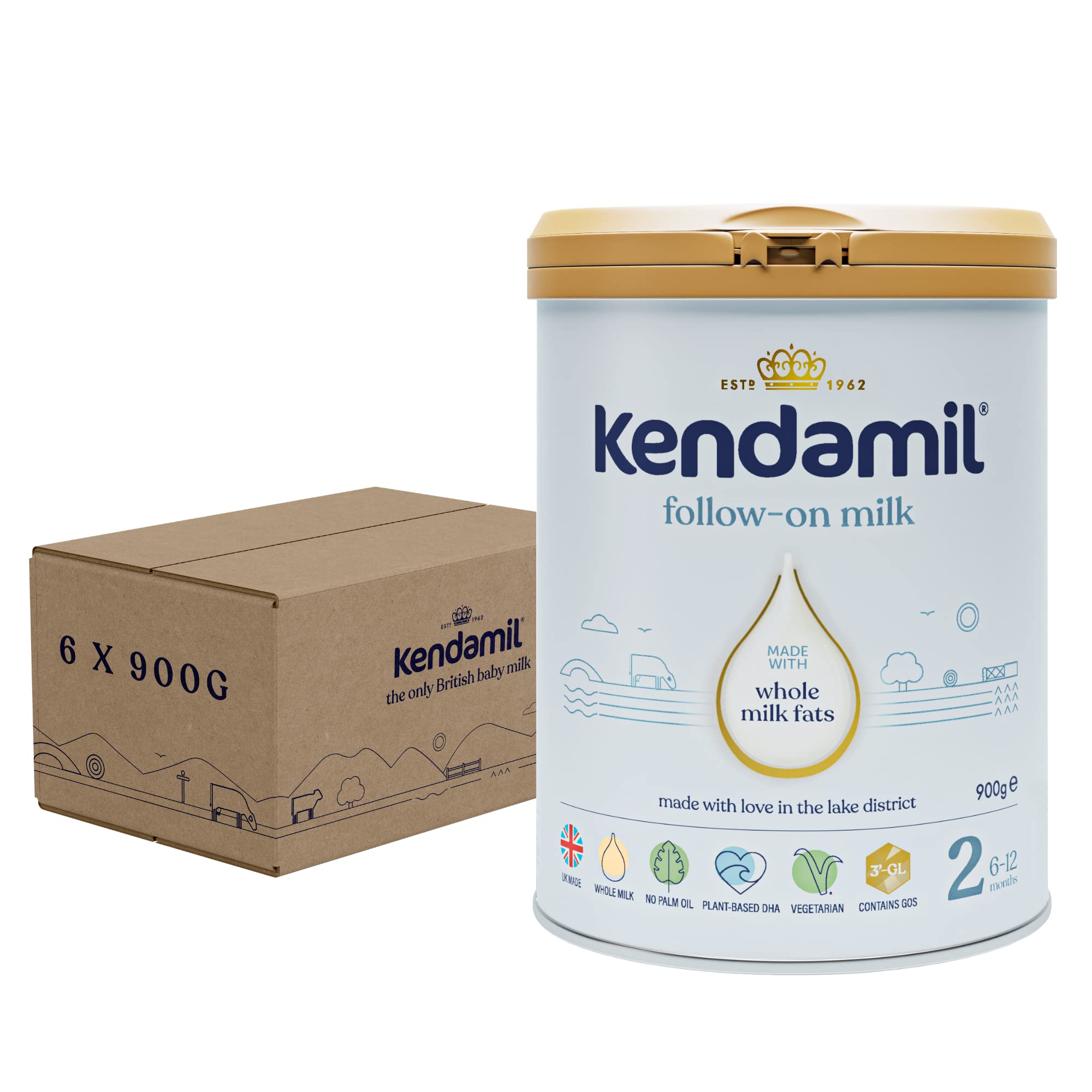 (6x900g) Kendamil Follow-On Milk 6-Pack, Stage 2, 6-12 Months – British Made, Whole Milk Formula – Vegetarian, No Palm Oil, No GMOs – with Omega 3 DHA, Omega 6 ARA and Prebiotics