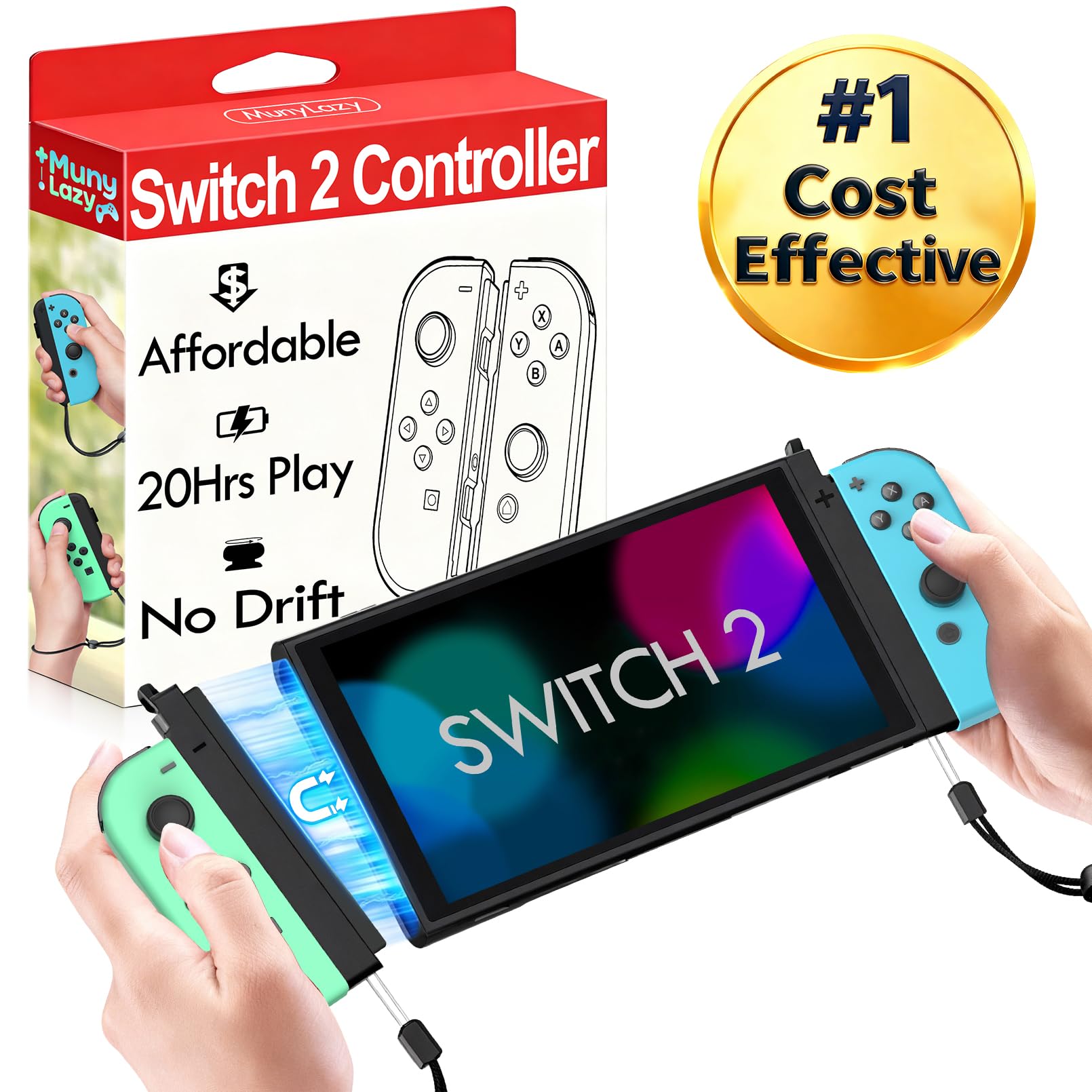 MunyLazy for Switch 2 Controllers Bundle with 2 Adapter Strip,Charging Grip,Best Value Alternative