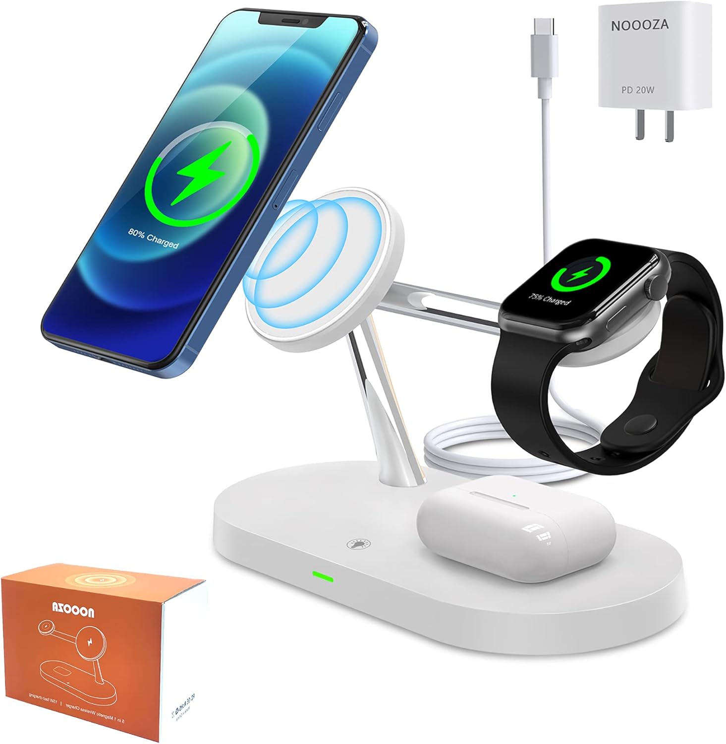NOOOZA 3 in 1 Magnetic Wireless Charger Fast Charging Station Dock with 20 W QC3.0 Adapter Compatible with iPhone 12/12 Pro Max/Mini/AirPods Pro/AirPods 2 Magsafe Case iwatch Series, White: Electronics