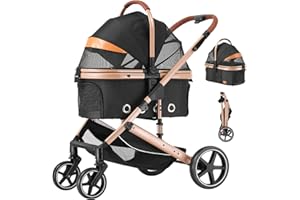 EchoSmile 4 in 1 Pet Stroller, Folding Lightweight Cat & Dog Stroller with Detachable Carrier, NO-Zip 180° Reversible Canopy, All Terrain 4-Wheel,45 lbs Capacity for Small to Medium Dogs