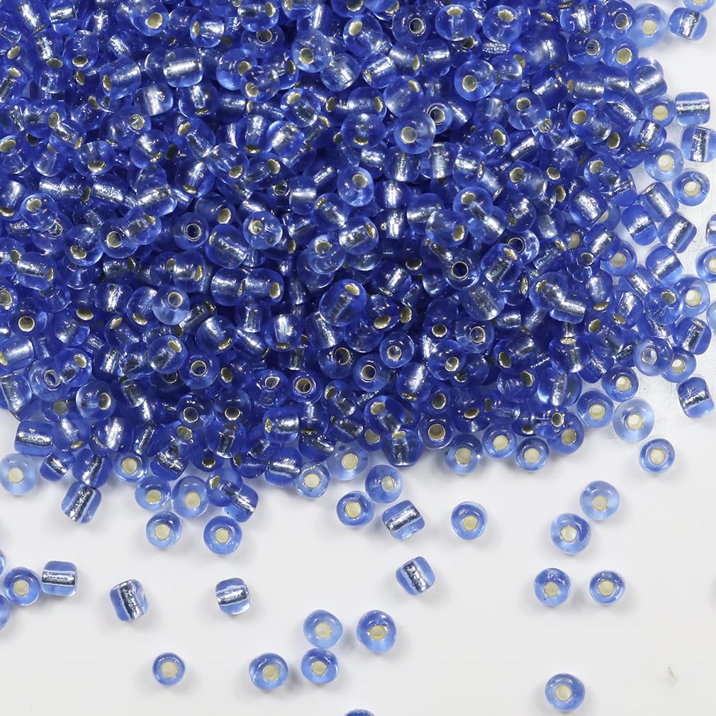 Tibaoffy Transparent Blue with Silver Lined Beads Size 6/0 Crafts Glass Seed Beads 4mm for Jewelry Making (Total About 100g About 1200pcs)
