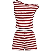 RoseSeek Girl's 2 Piece Striped Summer Outfits Off The Shoulder Tank Top and Mini Shorts Set Casual Clothing