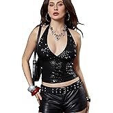OYOANGLE Women's Halter Rave Top Glitter Sparkly Rhinestone Sleeveless Shirt Y2K Going Out Crop Tank Top