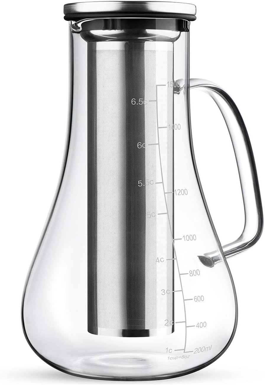 SRIWATANA Cold Brew Coffee Maker Iced Tea Infuser 1.5L Airtight Glass Carafe Pitcher with Removable Stainless Steel Filter Large Capacity