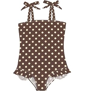 Burbuja Girls Swimsuit Brown Polka Dot One Piece Bathing Suit Adjustable Bow Tie & Ruffle Swimwear, 18M-6Y