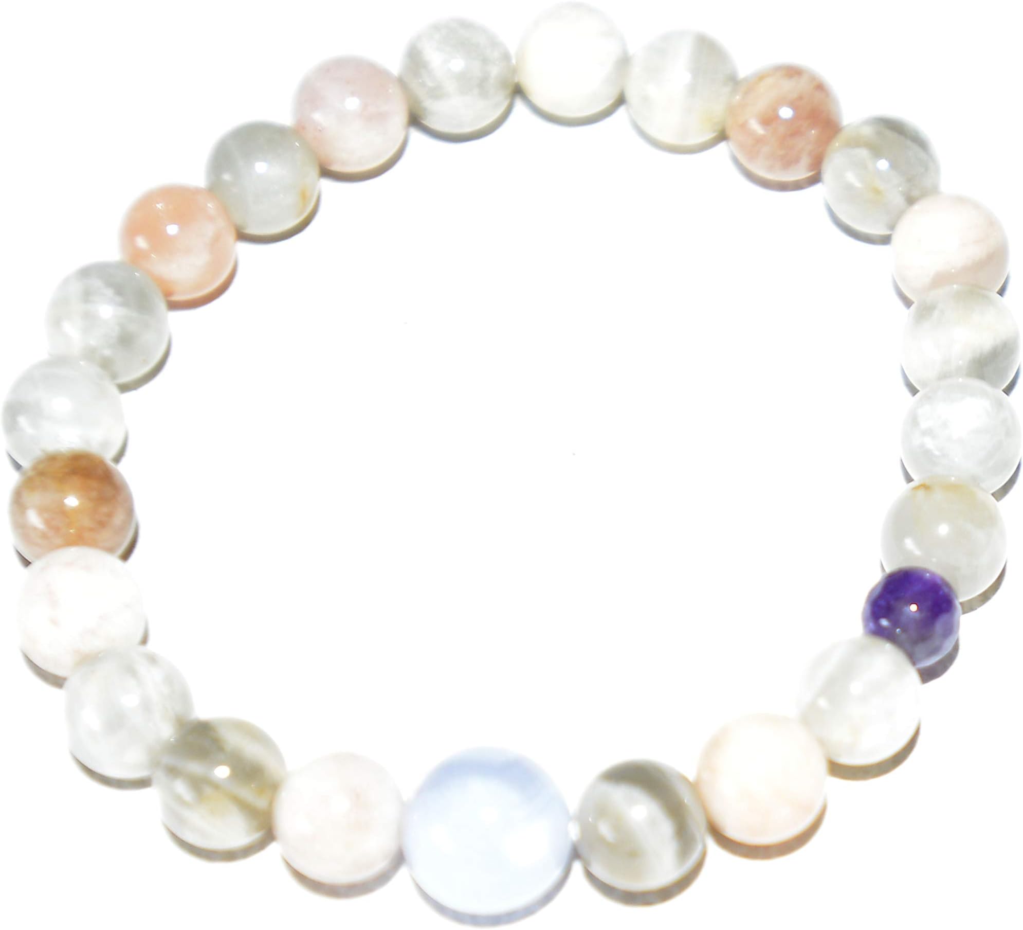 Mixed Moonstone Gemstone Bead Bracelet With Amethyst And Blue Lace Agate Beads (moonstone the stone of the mother moon, deep healing waters, and sacred feminine energies)