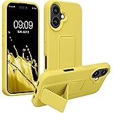 kwmobile Case Compatible with Apple iPhone 16 - Case with Hand Strap and Stand Soft TPU Silicone Coating - Radiant Yellow