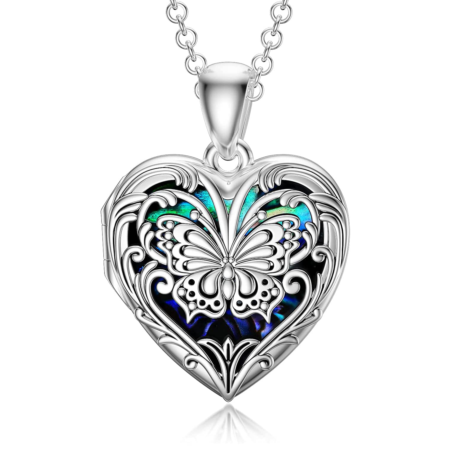 SOULMEET Sterling Silver Butterfly Abalone Heart Locket Necklace Holds Picture Photos Pendant Necklace for Women Girls