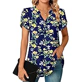 POPYOUNG Womens Plus Size Business Summer Henley Tunic Tops Button Down T-Shirts Petal Sleeve V-Neck Casual Blouses