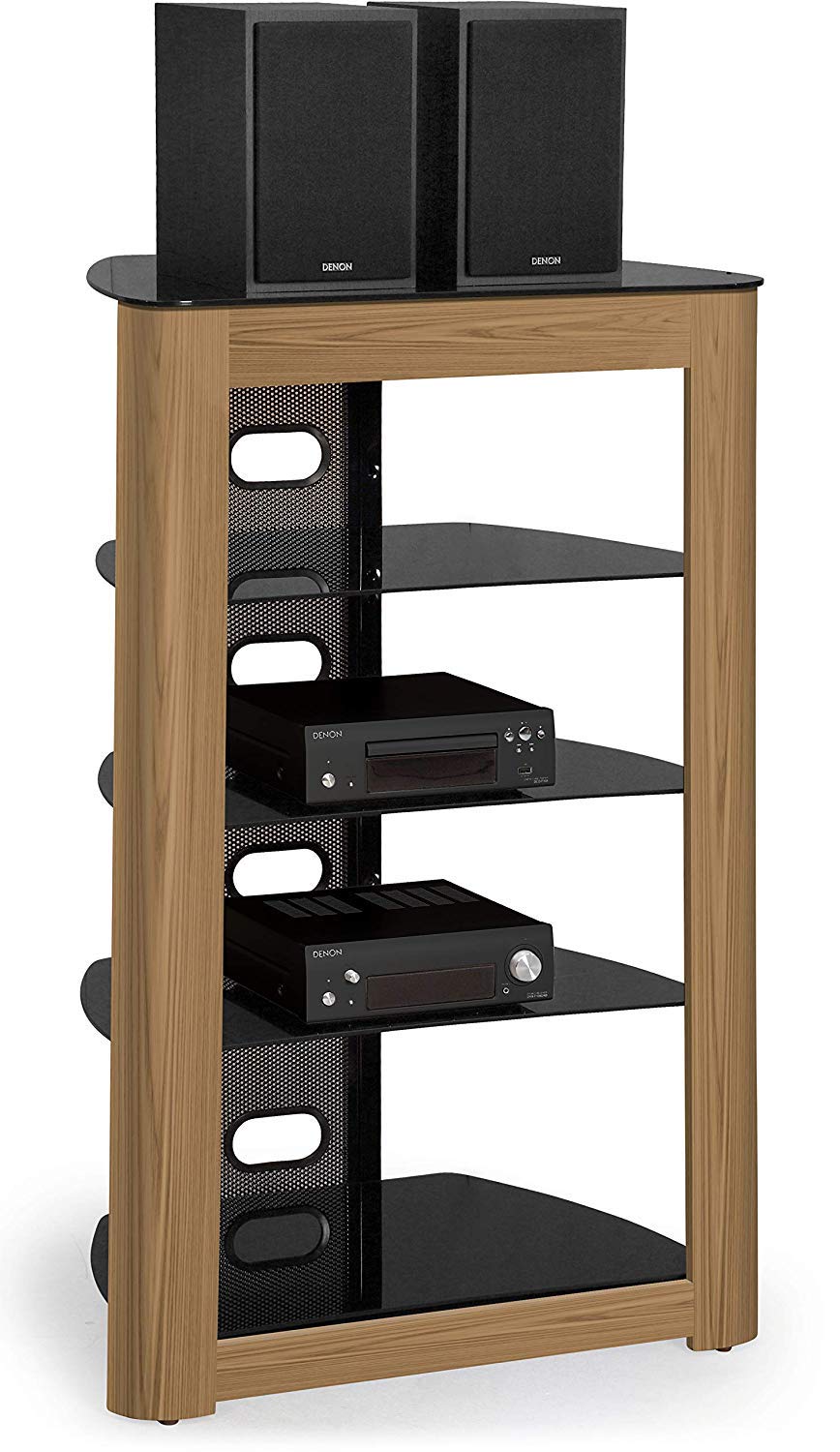 Centurion Supports Zinnia 5-Shelf Gloss Black with Mountain Oak Real Wood Veneer Facia Flat Screen TV/Hi-Fi/AV Rack Glass Stand