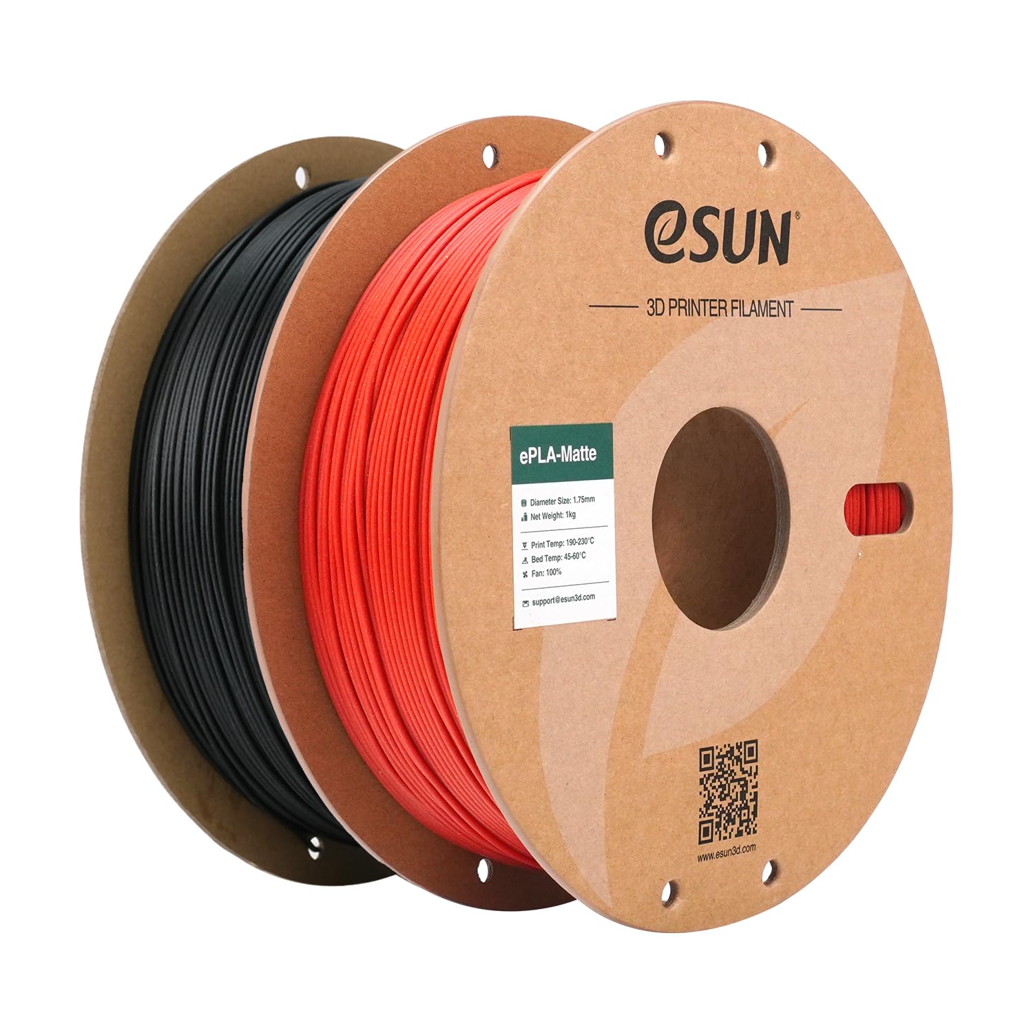 eSUN Upgraded Matte PLA Filament 1.75mm, Matte PLA 3D Drucker Filament, glanzfreie Farbe, mattierte Textur, 1KG pro Spule, 2 Spulen für 3D Drucker, Dunkelschwarz+Feuerrot
