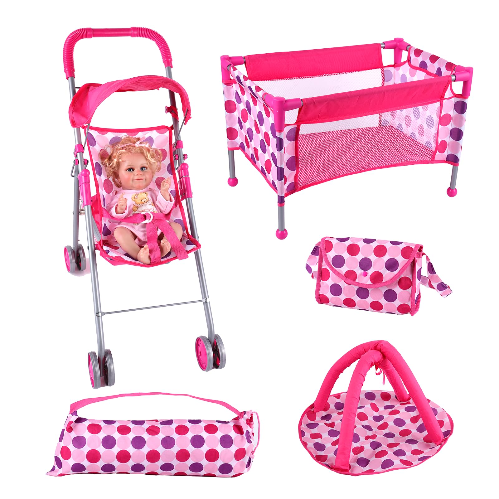 Photo 1 of BABESIDE 5 Pcs Reborn Baby Doll Accessories for 12-20 Inch Baby Dolls Play Set with Baby Doll Stroller, Baby Doll Crib, Play Mat, Diaper Bag, Activity Mat