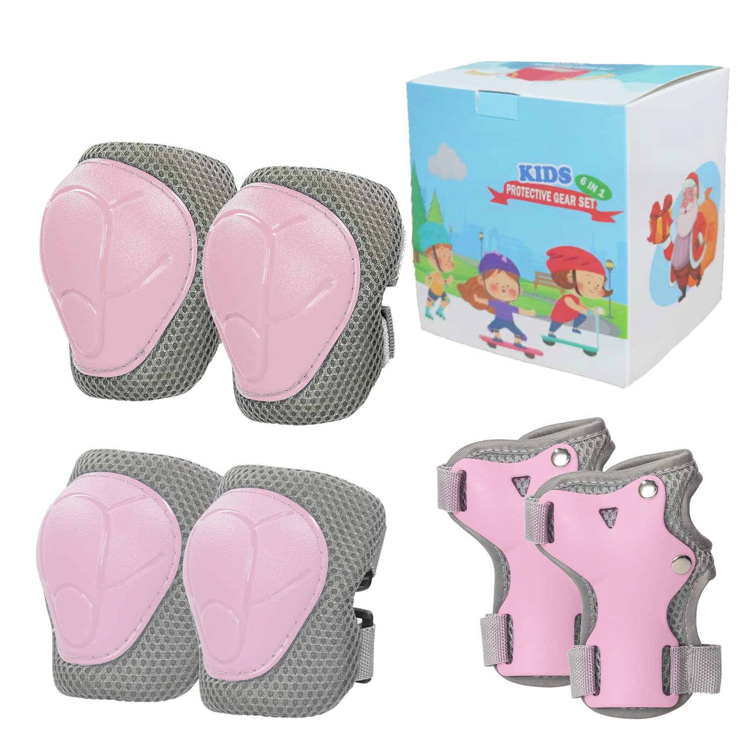 LANOVAGEAR Kids Knee Pads Set Elbow Pads Wrist Guards Protective Gear Set for Roller Skates,Scooter,Inline Skating,Cycling,Bike,Skateboard,Riding (pink-xk, M)